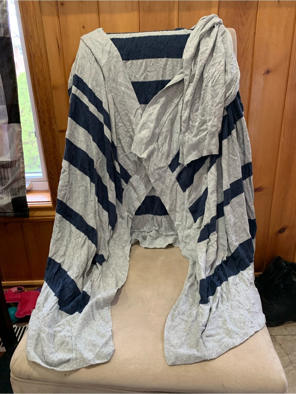 Striped Hooded Draped Cardigan Jacket - Gray & Navy
